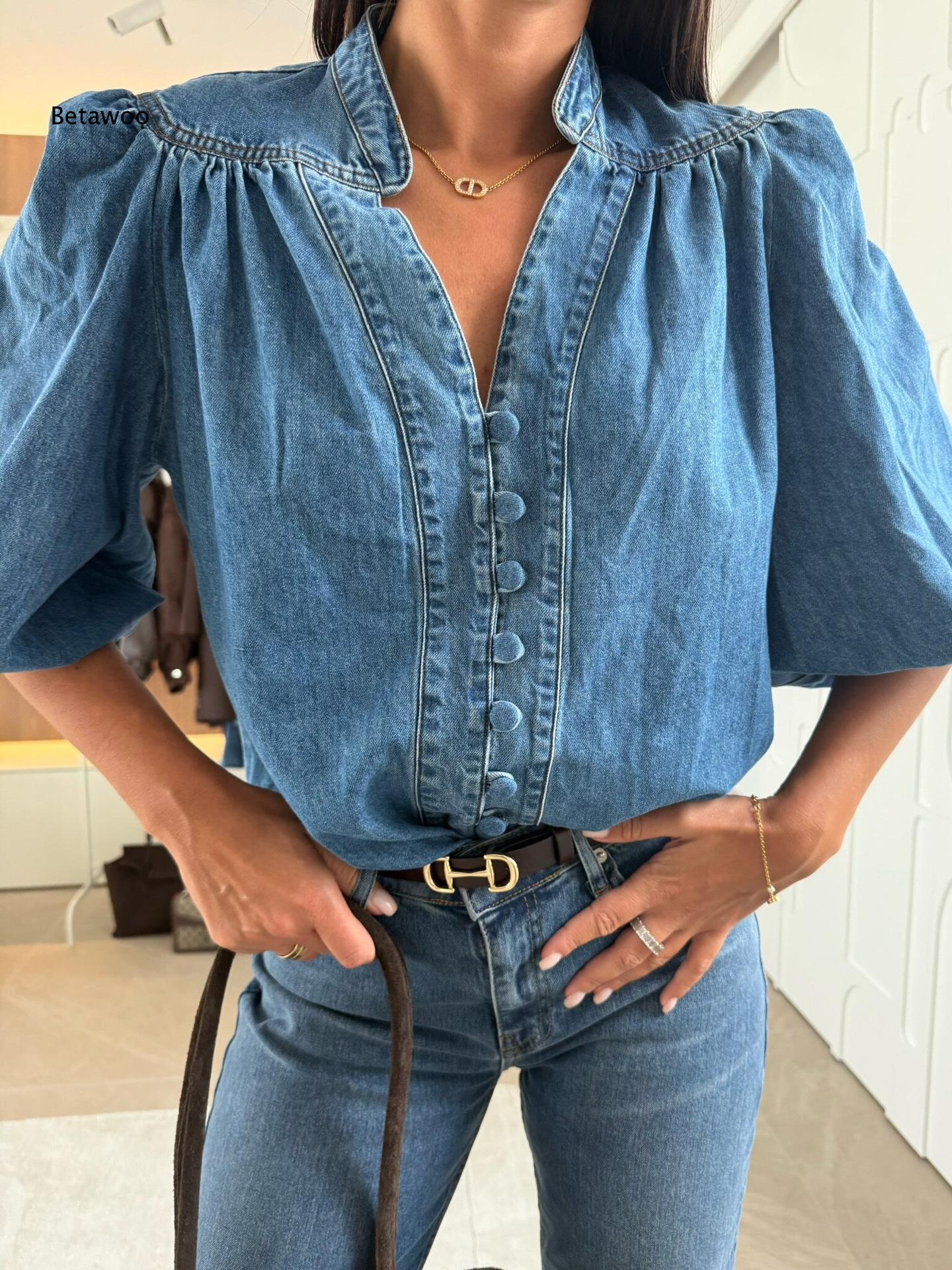Puff Sleeve Blouse - Blusa vaquera informal para mujer con