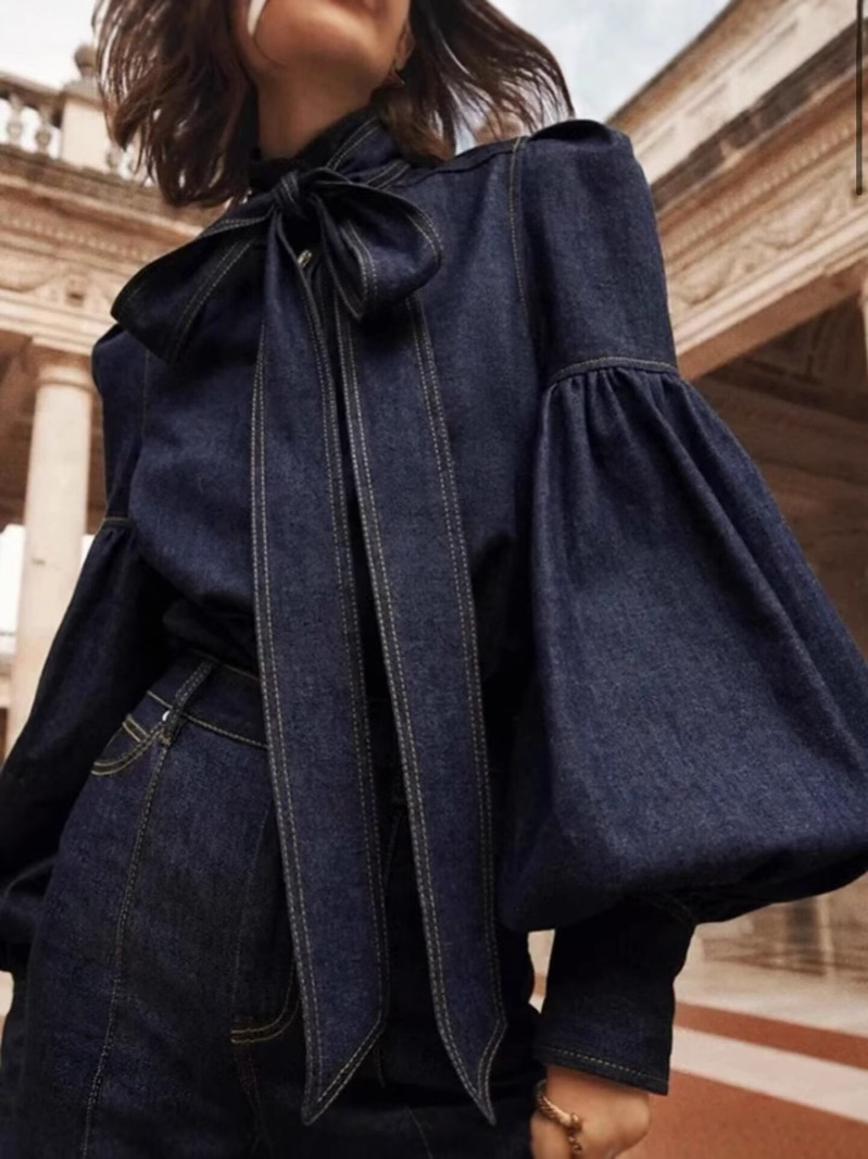 Puff Sleeve Blouse - Blusa de imitación de mezclilla AW